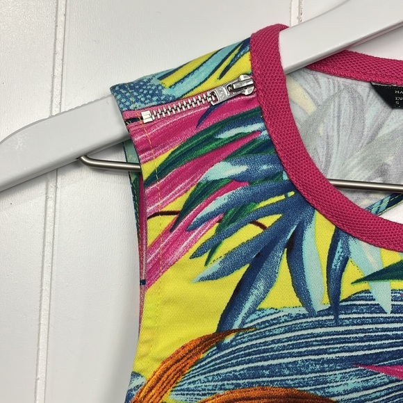 Zara Basic Bodycon Dress S Pink Yellow Tropical Open Back Fitted Racerback Mini - Picture 3 of 10